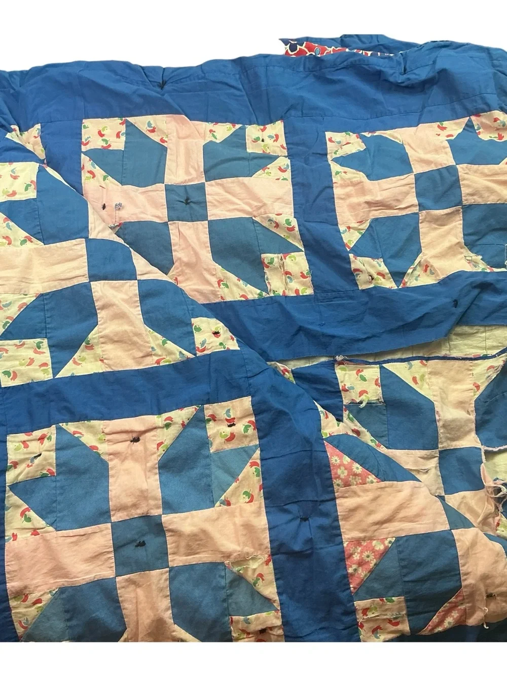 Vintage pinwheel cotton reversible quilt 60 x 70 USA made fair condition